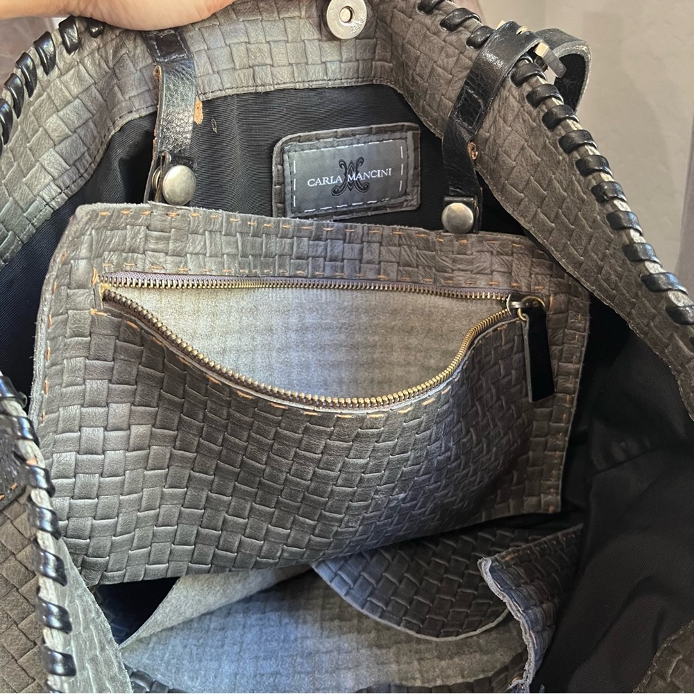 🖤🩶 Carla Mancini Large Leather Woven Tote Bag Purse Black Grey Whipstitch - Picture 6 of 15